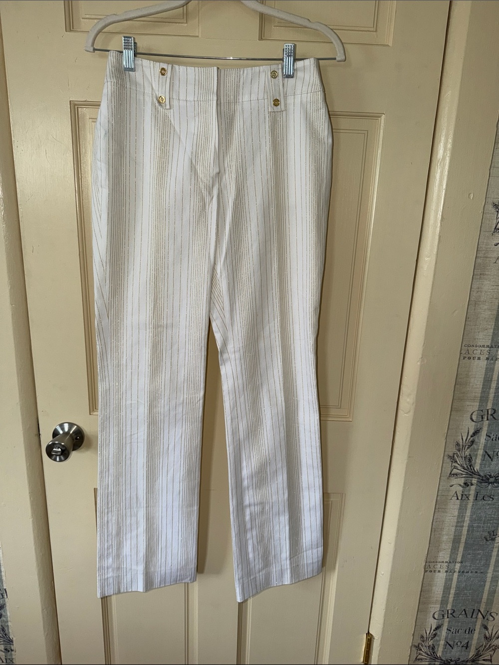 Doncaster White Pinstripe Boot-Cut Pants with Gold Buttons